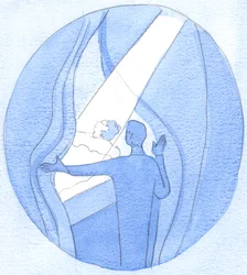 Ved vores inderlige bønner til Vor Velsignede Frue er det, som om vi holder mørkets tråde til side for at lade Himlens lys skinne ned over de nødlidende, 2002 (w/c på papir)