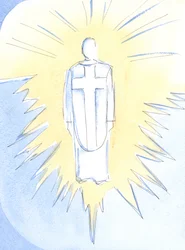 Kristus - næsten ulideligt blændende, kongelig og magtfuld - hersker nu i himlen, sandt menneske og sand Gud, vores ypperstepræst, 2002 (w/c på papir)