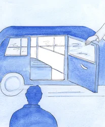 Kristus beder sine venner om at betro sig til hans varetægt og til hans planer - ligesom hvis hver af os skulle træde ind i en bil, på Kristi invitation, for at lade ham køre os, hvorhen han vil, 2003 (w/c o