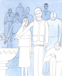 Kristus beder os om at foretage en grundlæggende omvurdering af vores nuværende holdninger og handlinger, der har at gøre med ærbødighed over for ham, 2004 (w/c på papir)
