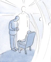 Kristus efterlader os ikke alene i vores sygdom og problemer, men kommer til os i sit sakramente, ledsaget af engle., 2001 (w/c på papir)