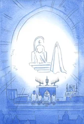 Kristus troner over os, i herlighed, ved vores Novena og Benediction, som er som en himmelsk fest. Vores mor Mary står glad i nærheden, 2002 (w/c på papir)