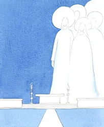 Kristus, vores Gud, er til stede i helligdommen sammen med de hellige, som nu lever i hans kærlighed, 2005 (akvarel på papir)