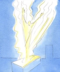 Kristus stod op fra graven i herlighed ved påsken, forvandlet, som i en brændende ild af næstekærlighed, da Helligånden udfriede ham fra dødens trældom, 2003 (w/c på papir)