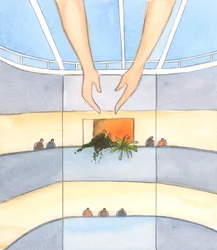 Kristus viste mig, at vi fra alle etager på hospitalet St Frai i Lourdes kan se sollyset og himlen, 2005 (akvarel på papir).