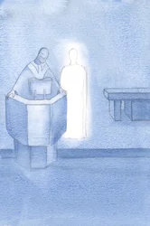 Kristus stod ved siden af præsten, som læste det hellige evangelium for os alle, hvilket var Kristi eget ord., 2000 (w/c på papir)