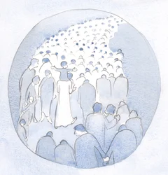 Kristus gik midt blandt sit folk, et barn på sine skuldre, med pilgrimme og syge., 2001 (w/c på papir)