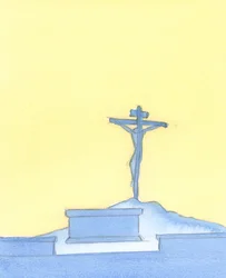 Kristi dyrebare blod engang udgydt fra hans legeme på korset; og det offer genfremføres i messen i dag, på en sakramental måde, mens vi beder om, at vores synder bliver tilgivet., 2004 (w/c på pap).