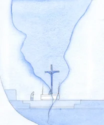 Under den hellige messe var det, som om en revne dukkede op på tværs af helligdommen, hvorigennem jeg så Kristus på korset, 2002 (w/c på papir)