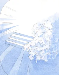 Gud bød hans martyrdøde munke velkommen i de helliges selskab. Hvide blomster dekorerede indgangen til herligheden, 2002 (w/c på papir)