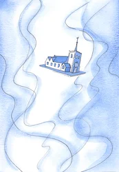 Guds hellighed er så stor, at den – på én gang – fylder vores kirke, men samtidig holder hele bygningen i usynligt lys og ild, 2002 (w/c på papir)