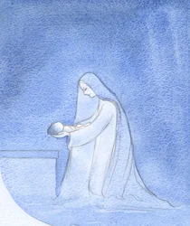 Hvor enkelt lagde Mary, knælende, sin baby ned for at sove, uden at bekymre sig om tanker om sin egen privilegerede rolle., 2001 (w/c på papir)