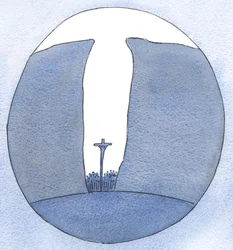 Hvor lille, isoleret eller forfulgt vores samfund end måtte være, er Kristus iblandt os ved messen, som i en kløft, 2001 (w/c på papir)