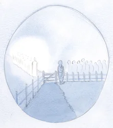 Jeg så en forfængelig sjæl som en lille bondekone, der var fuld af selvbetydning, og ventede på en kongelig gæst. Men hans gennemborede fødder var bare., 2001 (w/c på papir)