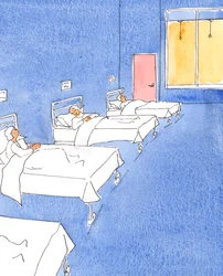 Sygdom giver os mulighed for at spørge os selv, når vi tænker på livets afslutning: "Skal jeg møde Gud med et fredeligt eller skyldigt hjerte?"., 2004 (w/c på papir)
