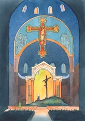 I Westminster Cathedral og i enhver katolsk kirke bliver Golgata-offeret genfremsat til vores frelse ved messen 2004 (w/c på papir)
