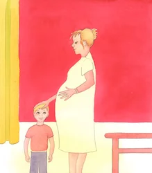 Det er en vidunderlig ting, når en kvinde tager imod et barns gave - og når hendes andre børn ser hendes glæde, gør det dem mere sikre på, at de er elsket, 2005 (akvarel på papir)