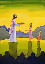 Jesus Kristus udfører miraklet med brødene og fiskene, 2004 (w/c på papir)
