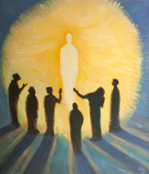 Jesus flammer i himlen med renhed og kraft, 2000 (olie om bord)