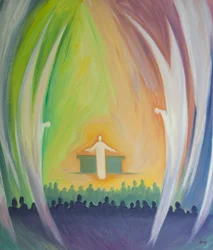 Jesus er virkelig til stede hos os i messen, forgudet af englene, 2000 (olie om bord)