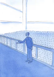 Ligesom en fabriksarbejder taler godt for sine medarbejder, sådan går Kristus, som er sandt menneske, effektivt i forbøn for os, hans relationer, 2002 (w/c på papir)