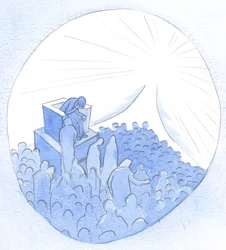 Mange mennesker rejser sammen mod Himlen. Hver jordisk eller åndelig mor kan føre sårede sjæle til stedet for genfødsel og forsoning, 2001 (w/c på papir)