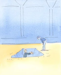 Hvad nytter det, hvis en mand, der skal løftes fra et hul i vejen, blot får at vide af en forbipasserende: "Jeg beder for dig"? Der er brug for både bøn og praktisk hjælp., 2004 (w/c på papir)