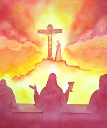 Natten før han døde, indstiftede Jesus den hellige eukaristien ved den sidste nadver, 2001 (w/c på papir)
