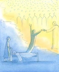 Den hellige sjæl, som er klar til himlen, bliver mødt ikke kun af Kristus, men også af hans hellige moder og alle de hellige, 2003 (w/c på papir)