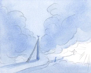 Den utålmodige sjæl (Kristus viste mig) bygger et højt tårn, stræber efter lys, i stedet for støt at følge den lave, smalle vej., 2001 (w/c på papir)