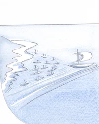 Sjælen, der stoler på Kristus, er som et skib, hvis sejl er fyldt med nådens vind, som trækker andre i kølvandet., 2001 (w/c på papir)