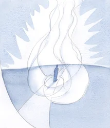 Den sjæl, hvis vilje er i overensstemmelse med Guds, er foldet sammen i Guds kærlighed: ledet af Kristus, ledet af Ånden, på vej til Faderen; Three Persons Giving One Flame, 2001 (w/c på papir)