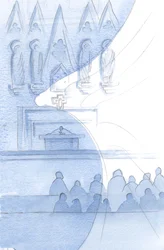 Hele kirkebygningen myldrer af engle; vi børster dem hvert øjeblik., 2001 (w/c på papir)