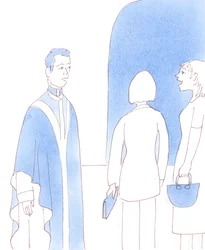 Der er katolikker, som er enige med deres præst, når han siger, hvor godt det ville være for dem at lære mere om troen; og nogle beder ham endda om at arrangere foredragsholdere, 2005 (akvarel på papir).