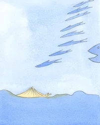 De i kirken, der er stolte eller ambitiøse, er som fisk, der suser spændt omkring og rejser langt, men er i fare fra større fisk, 2003 (w/c på papir)