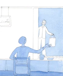 De, der nyder visioner, men er tilfredse med at undvære dem, er som husmødre, der elsker at se en besøgende til kaffe og en snak, men som er tilfredse med at fortsætte med deres almindelige pligter, 2004 (akvarel på papir).