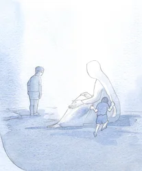 For at illustrere vores forhold til Mary, så jeg et lille barn trække støjende, men alligevel modtage trøst; det andet barn, stolt og tillidsfuldt, holdt afstand, så manglede hendes hjælp., 2001 (w/c på papir)