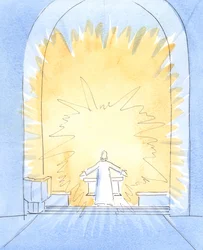 Når brødet er blevet indviet ved messen, er Kristus i det væsentlige til stede på vores alter, i al hans herlighed, 2004 (w/c på papir)
