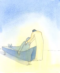 Når vi er syge, og Kristus kommer til os i den hellige nadver, er det, som om han insisterer på at hjælpe os med at lægge os på en sofa, 2003 (w/c på papir)