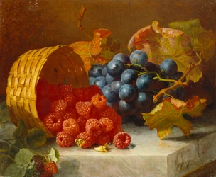 Stilleben med hindbær og en klase vindruer på en marmorkant, 1882