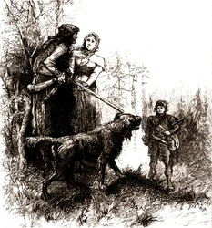 Den gamle pelsjæger Natty Bumppo og hans hund Hector sammen med Helene Wade og bi-jægeren Paul Hover