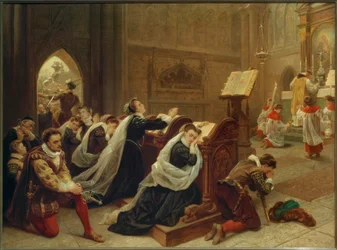 Maria Stuart ... hører den første messe / perle. Emanuel Leutze
