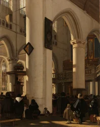 Interiør af en protestantisk, gotisk kirke under en gudstjeneste Interiør af en protestantisk gotisk kirke med motiver fra Oude Kerk i Amsterdam
