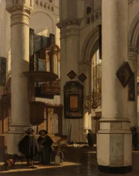 Interiør af en protestantisk, gotisk kirke, med en graver i koret Interiør af en protestantisk gotisk kirke med motiver fra de gamle og nye kirker i Amsterdam
