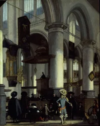 Interiør af Oude Kerk, Delft, ca. 1680 (olie på panel)