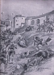 Aschaffenberg 2. bayerske jægerbataljon ved Lagarde august 1914, fra The Illustrated History of the World War 1914-1915 pub. af Union Berlagsefellfchaft