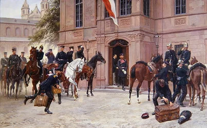 Kronprins Ludwig IV af Hesse-Darmstadt siger farvel til Cornelius Heyl, før Schlosschen, Worms, da han tager af sted til slaget ved Sedan i 1870 (olie på lærred)