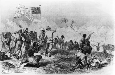 Angreb af Zimbiso på jagt efter Livingstone 1871-1872 (tegning)