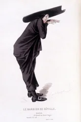 Komplet værk af Beaumarchais (1732-1799) af Edouard Fournier. tegning af Emile Bayard. Ed. Laplace, Sanchez et Cie, Paris 1876. Dette er Bazile i "Barberen fra Sevilla"
