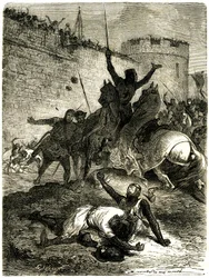 Korstog mod Albigeois - Belejring af Toulouse, 25. juni 1218. Simon de Montforts bror er lige blevet såret af en pil, Simon de Montfort selv bliver dræbt af en kugle af katapultkast, siges det, af en af kvinderne af Toulouse som er